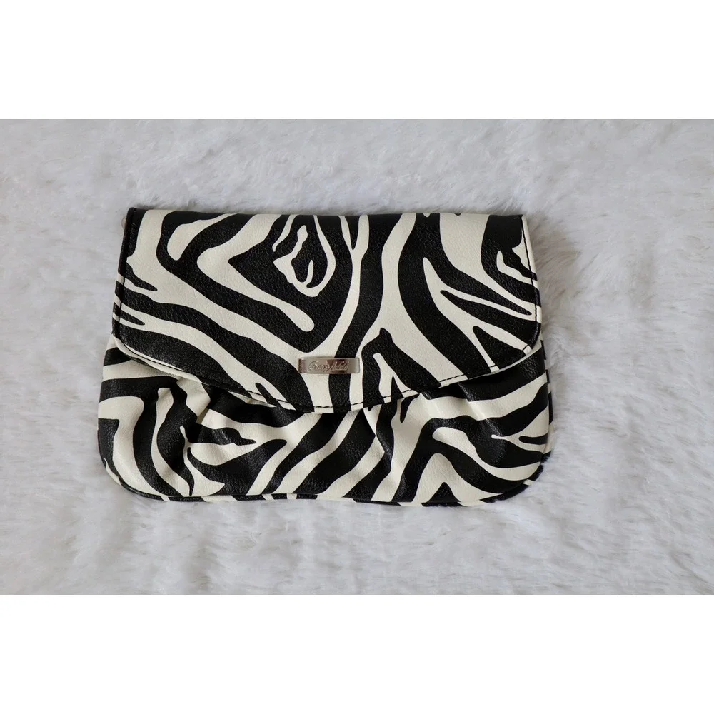 Grace Adele Zebra Print Clutch Bag Black White Faux Leather Red Lining Snap Flap